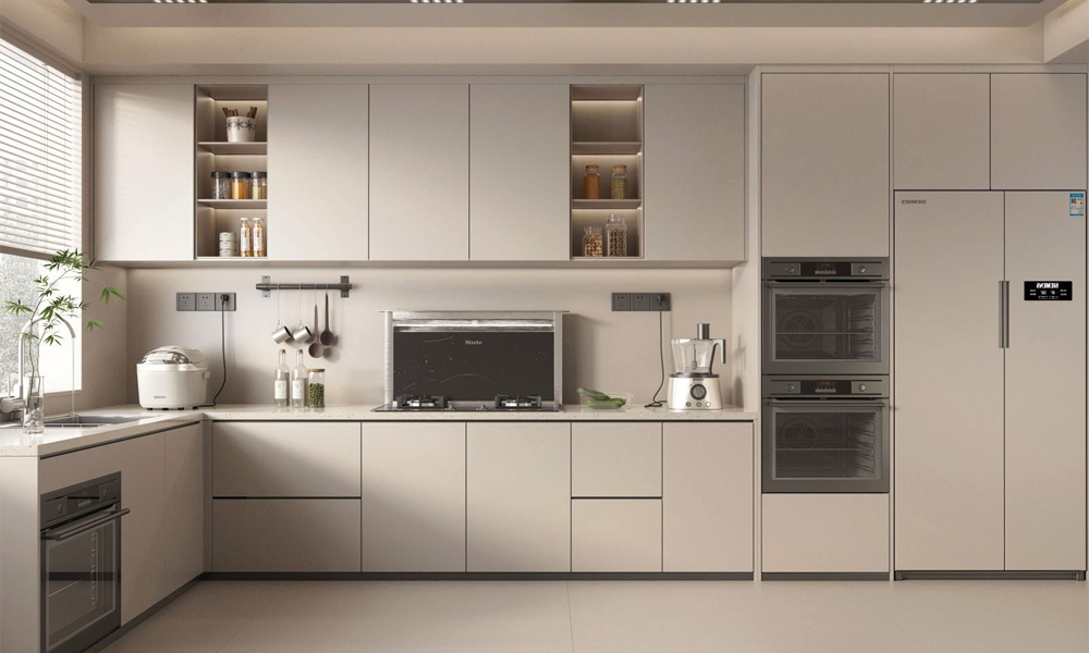 Modern Kitchen Cabinet Geometric Form Soft Texture Matte Finish for Stylish Open Living Spaces