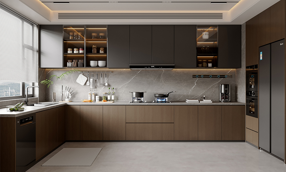 Kitchen Cabinet Sleek Veneer Finish Handle Free Design Adjustable Shelves for Urban Home Kitchens