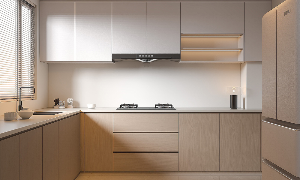 Modern Kitchen Cabinet Smooth Veneer Surfaces Elegant Style No-Slam Drawers for Home Kitchen