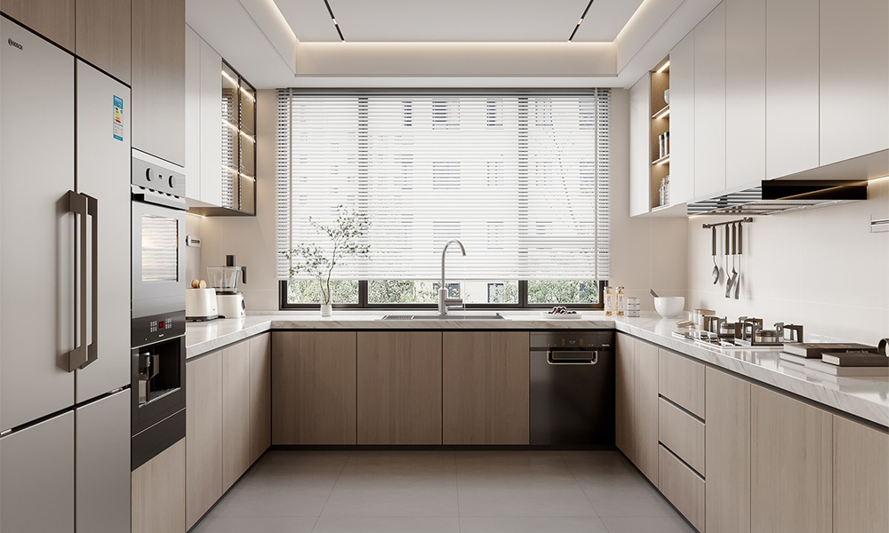 Kitchen Cabinet Neutral Veneer Finish Seamless Design Spacious Storage for Elegant Homes Kitchen