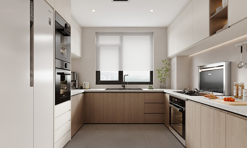 Modern Kitchen Cabinet Scratch Resistant Veneer Surface No-Slam Drawers for Modern Family Use