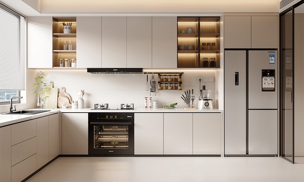Kitchen Cabinet High Gloss Lacquer Surface Minimal Details Functional Pullouts for Contemporary Households