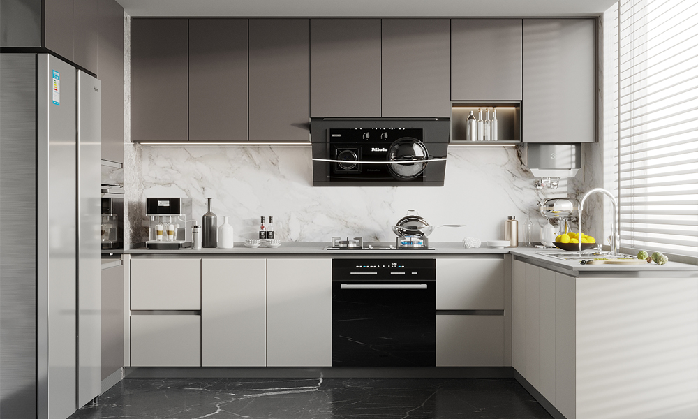 Kitchen Cabinet Matte White Lacquer Finish Texture and Hidden Handles for Contemporary Home Kitchen