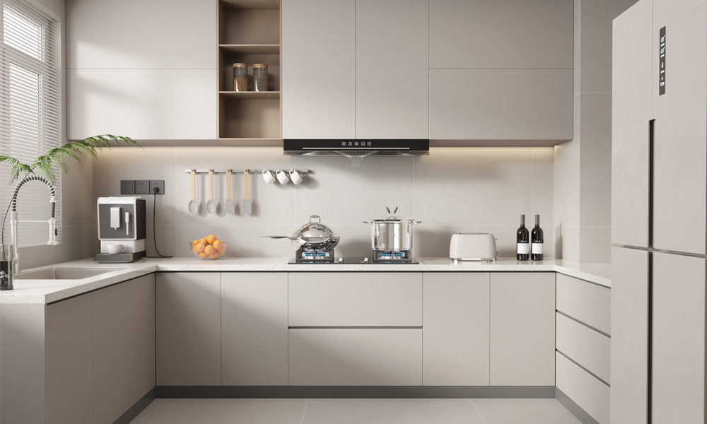Kitchen Cabinet with Natural Grain Laminate No-Slam Drawers Deep Storage Options for Large Modern Kitchens