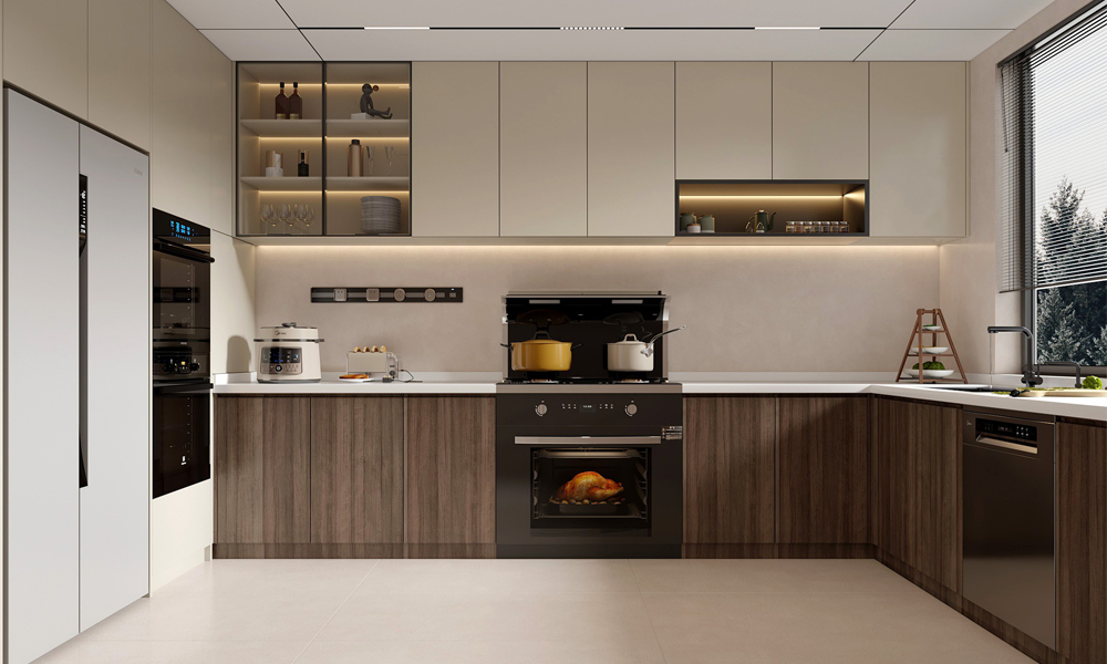Modern Kitchen Cabinet Smooth Veneer Finish No-Slam Drawers for Contemporary Home Kitchen