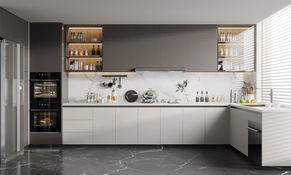Modern Kitchen Cabinet Stylish Veneer Finish Minimalist Style Durable Furniture for Home Kitchens