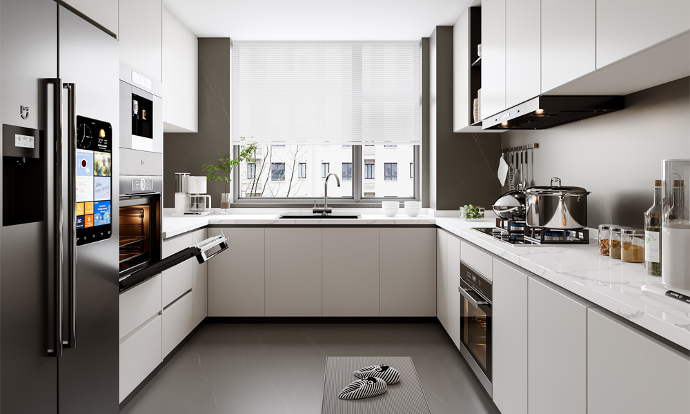 Modern Kitchen Cabinet Sleek Lacquer Finish No-Slam Drawers for Small Urban Kitchen Designs