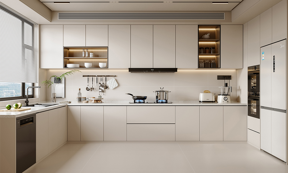 Custom kitchen cabinet in modern coastal home, featuring durable kitchen cabinet materials and a soft cabinet color palette for a bright, airy look.