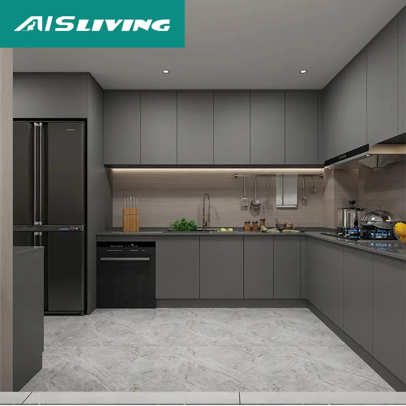 Modern L-shaped kitchen with matte grey smart cabinet solutions designed for small kitchens, featuring seamless storage systems and overhead lighting to maximize kitchen space efficiently.