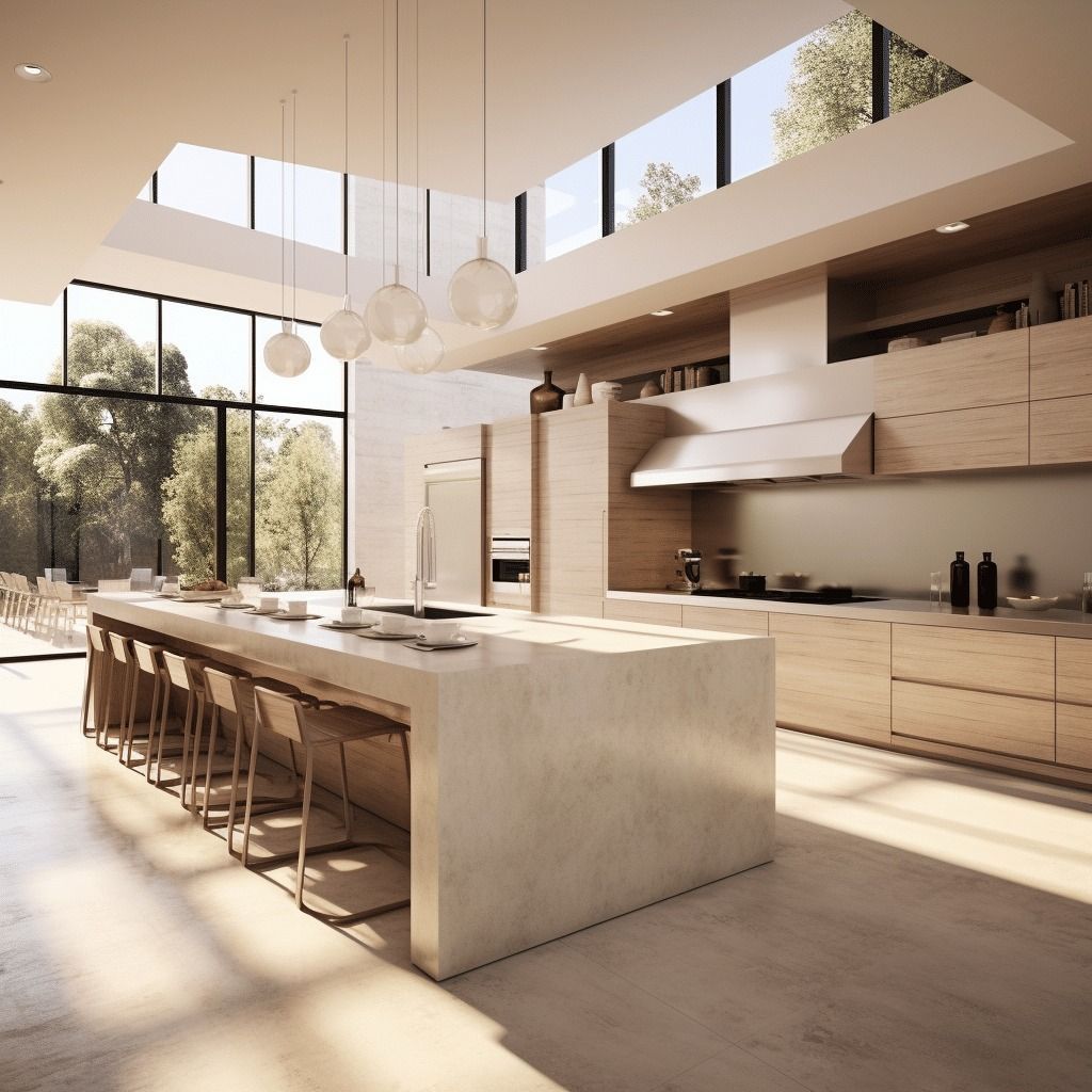 Spacious cabinet kitchen featuring personalized design with natural wood finishes, a minimalist island, and floor-to-ceiling windows for modern open-concept living.