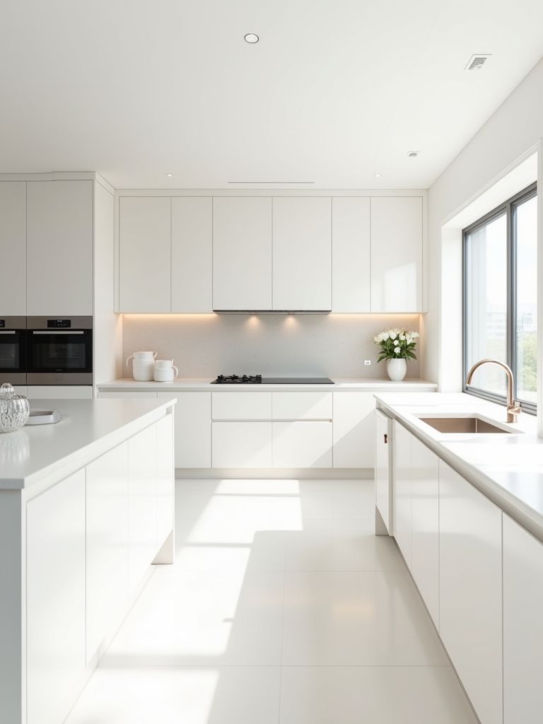 White high-gloss slab kitchen cabinets in a modern minimalist kitchen.