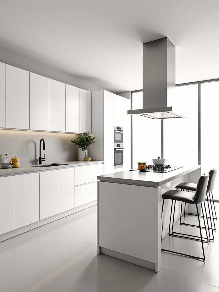 White slab kitchen cabinets in a minimalist modern kitchen.