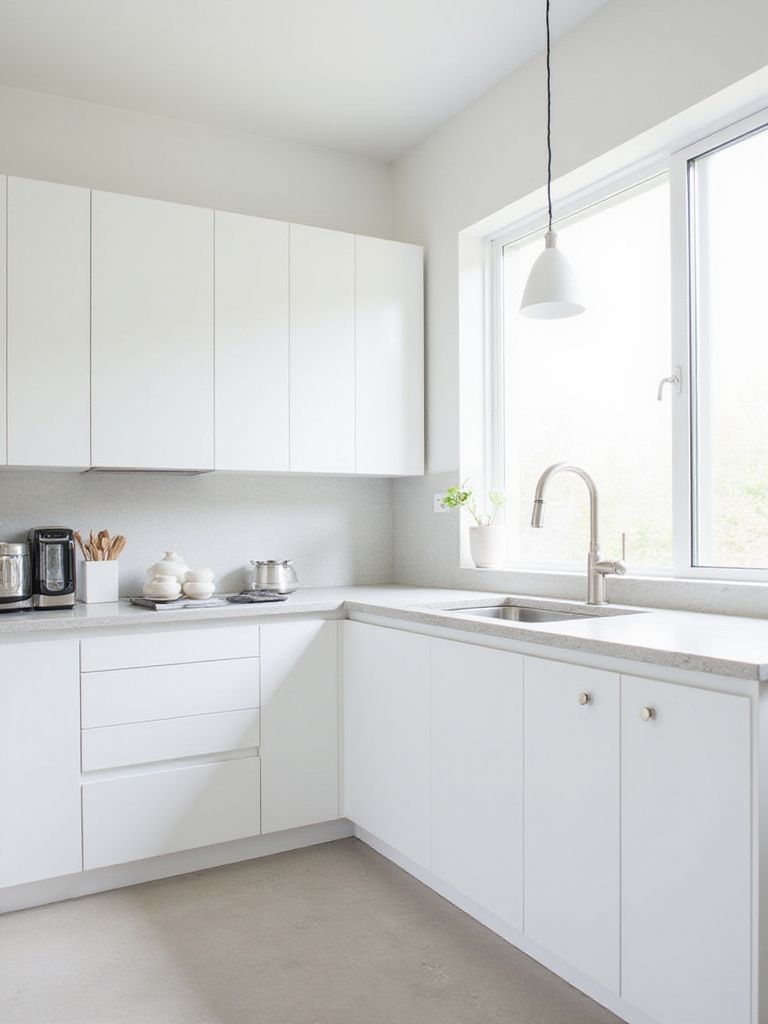White Wooden slab kitchen cabinets with natural veneer for warm modern interiors.