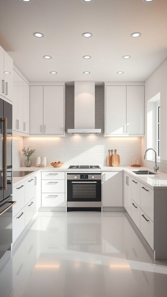 White handle kitchen cabinets with matte black handles in a minimalist home.