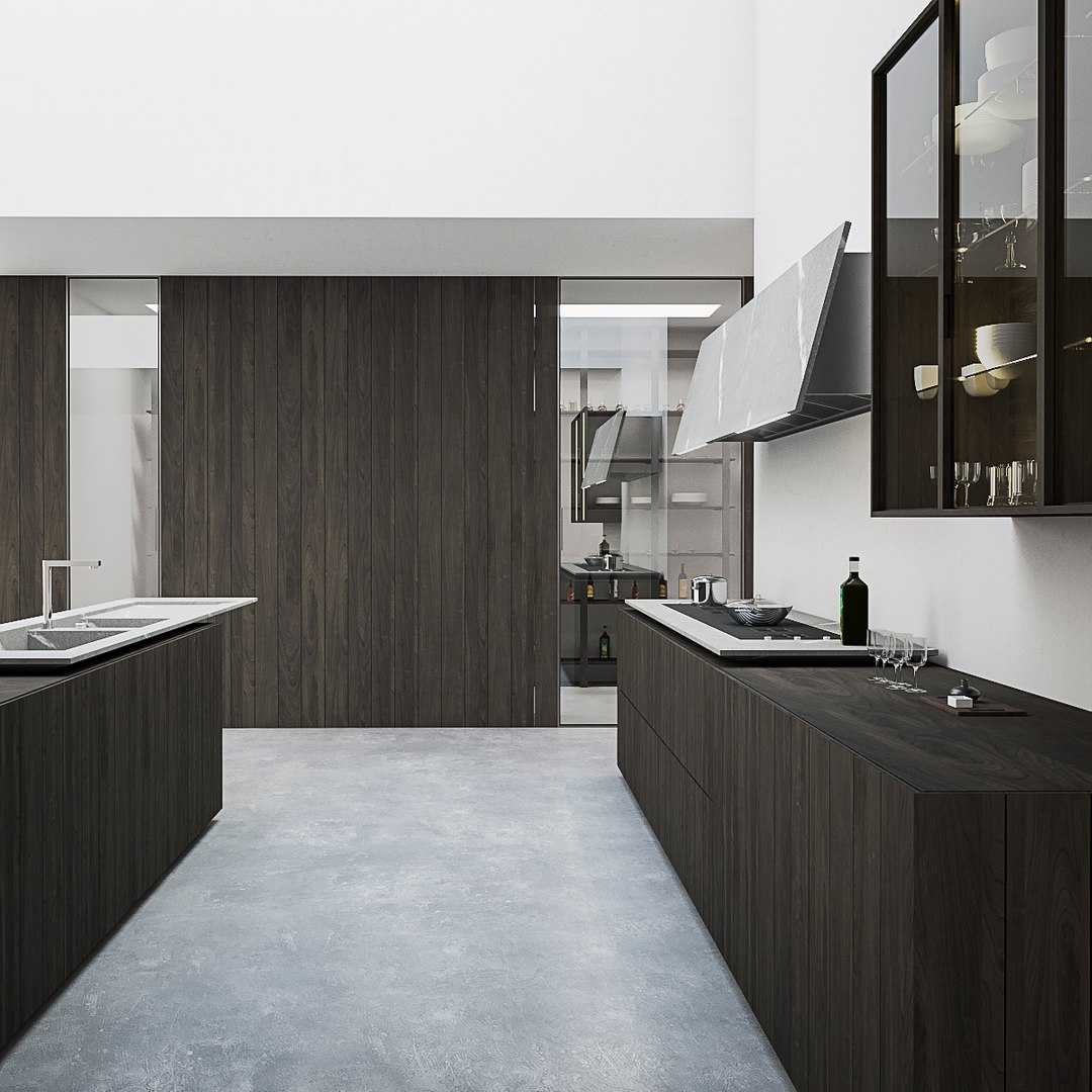 Grey kitchen cabinets with high-gloss finish in a contemporary kitchen.