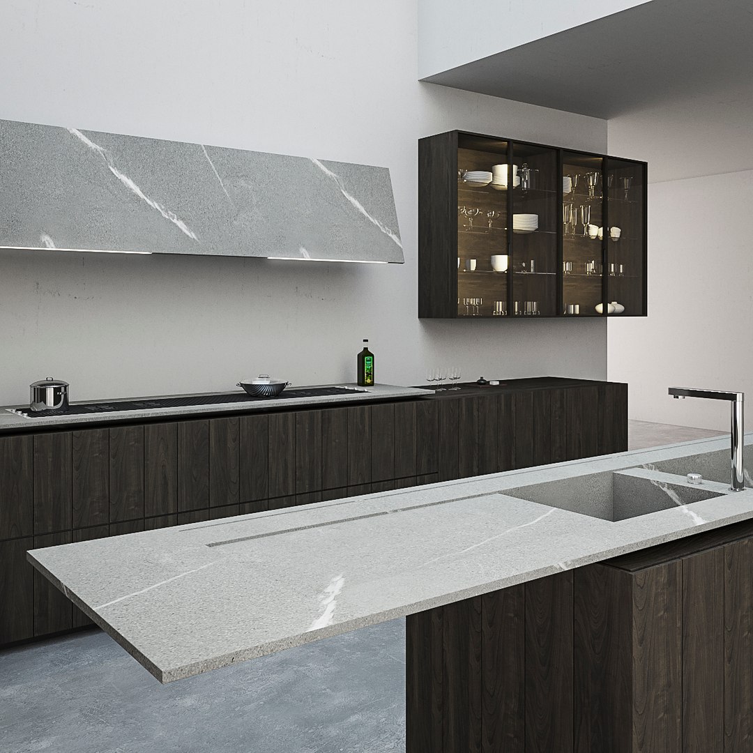 Modern glossy grey kitchen cabinets design with minimalist style.