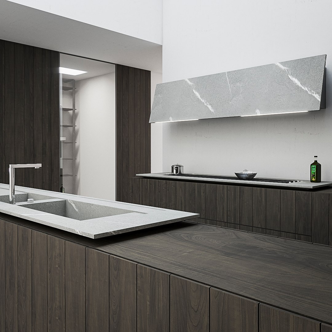 Grey kitchen cabinets design reflecting natural light in open-plan home.