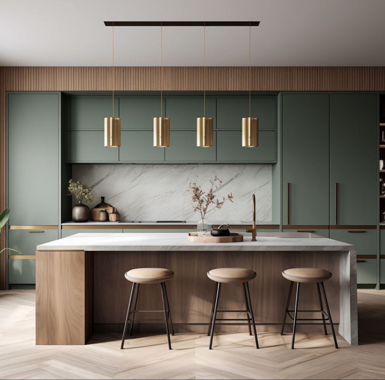 Space-saving kitchen layout idea with open shelving and compact island