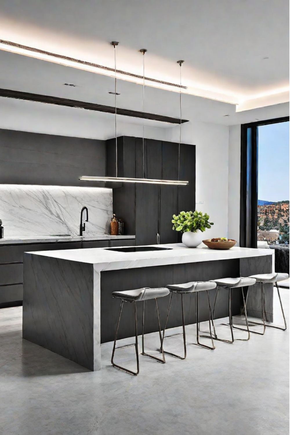 Luxury small kitchen design idea with modern lighting and flat-panel cabinets