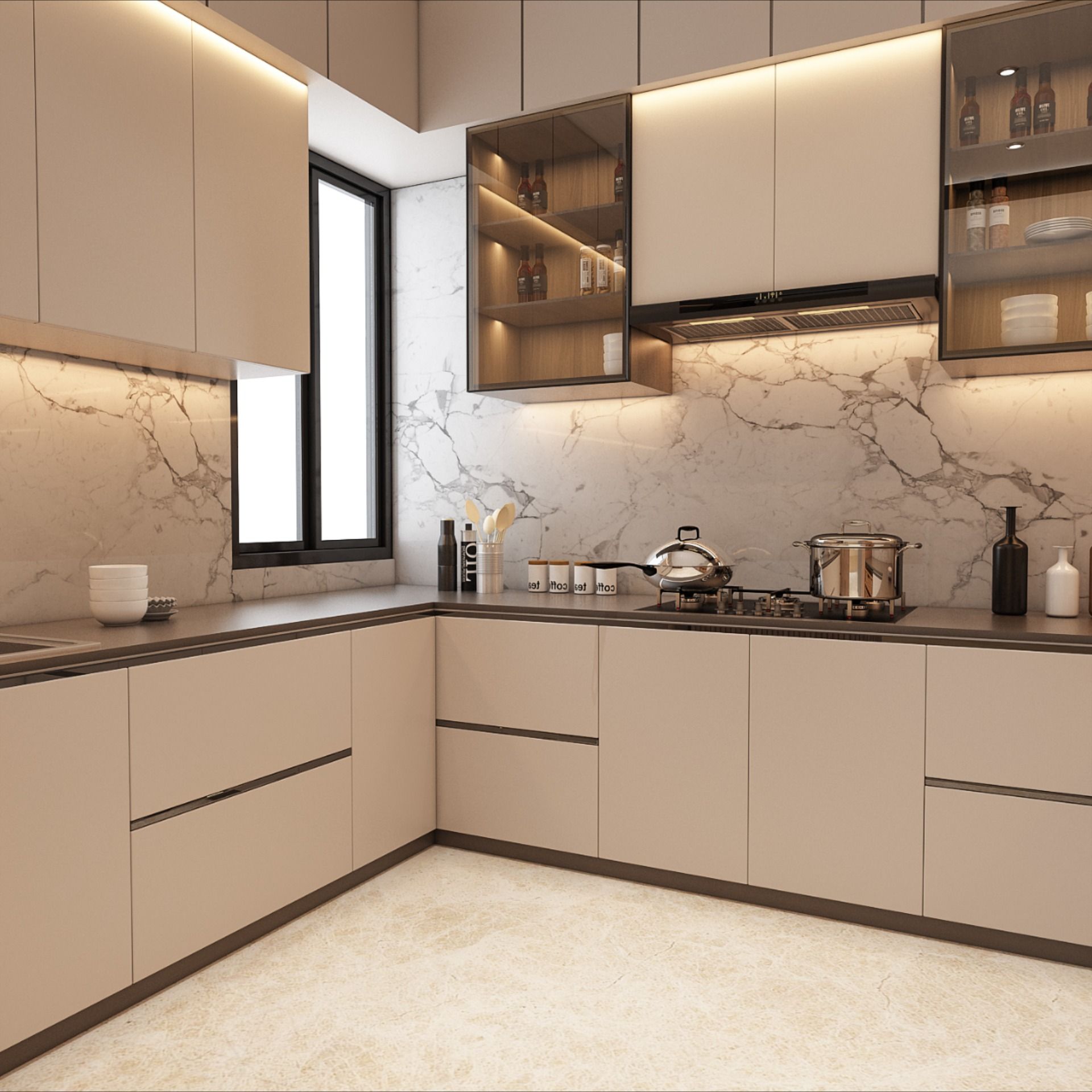 Contemporary small apartment kitchen featuring minimalist cabinets