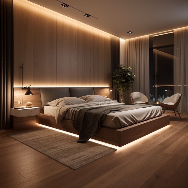 Modern Master Bedroom layout with zoned reading corner and low-profile platform bed