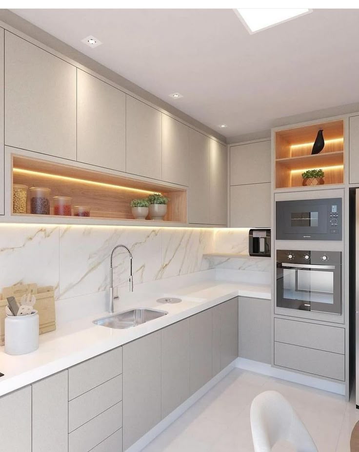 Minimalist handleless European kitchen cabinets with finger-rail profile and flush lines.