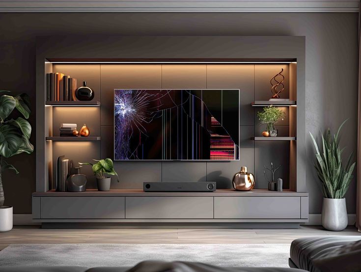 Modern metal-and-glass TV Stand holding 75 in TV and soundbar shelf