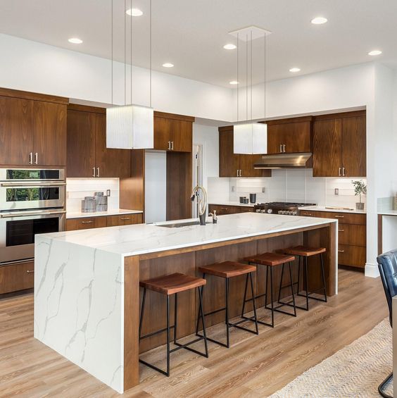 Contemporary grey kitchen island and cabinets supplied by trusted USA Kitchen Cabinet Manufacturers, perfect for modern renovations.