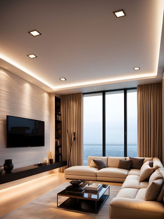 Modern Living Room with floor-to-ceiling windows and sheer curtains