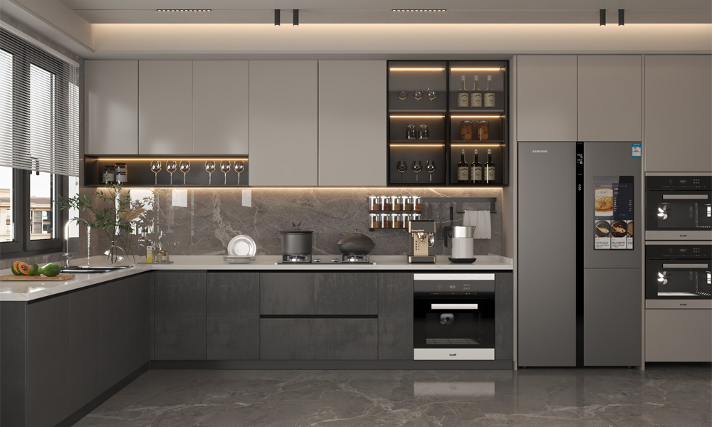 Modern Kitchen Cabinet Minimalist Design Polished Grey Lacquer Finish Smart Storage Layout for Apartments