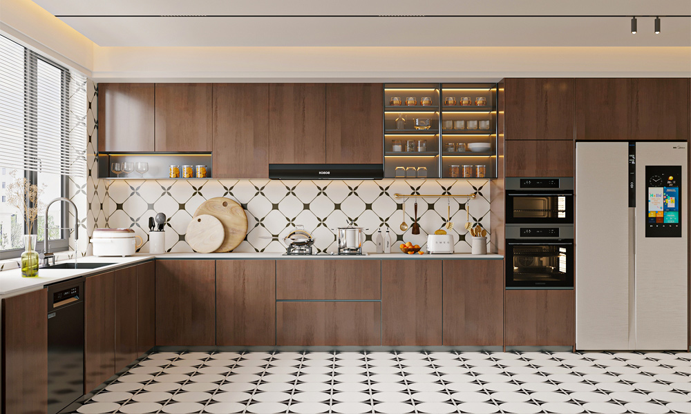 Modern Kitchen Cabinet Sleek Veneer Finish Minimalist Style Smooth Closing System for Urban Living