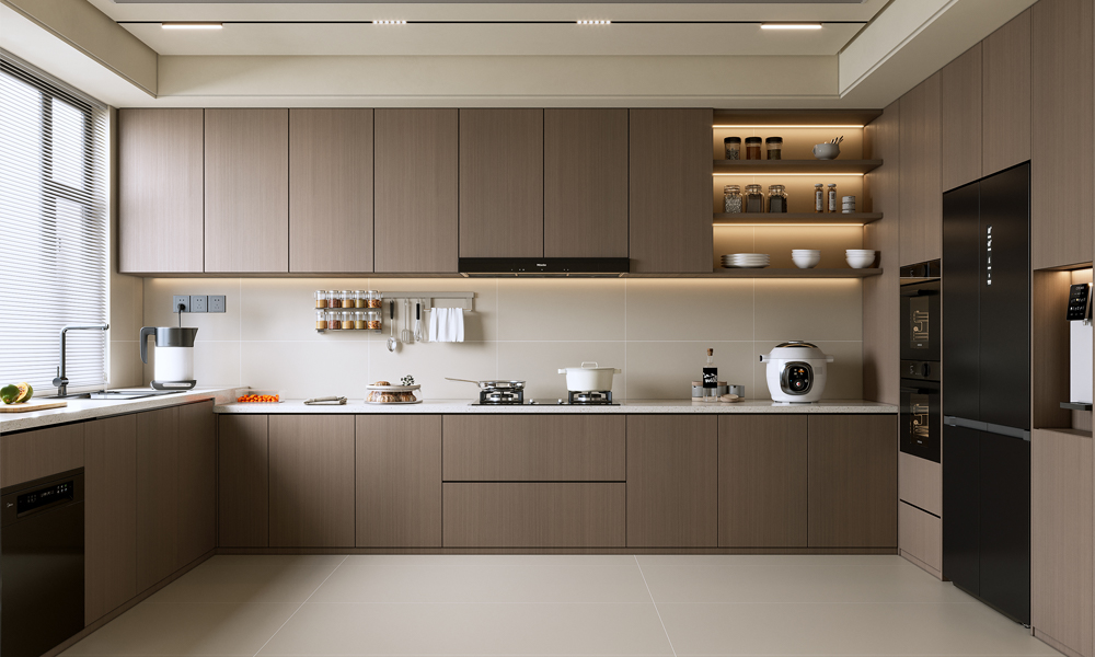 Kitchen Cabinet Stylish Veneer Finish Elegant Style Functional No-Slam Drawers for Family Kitchen