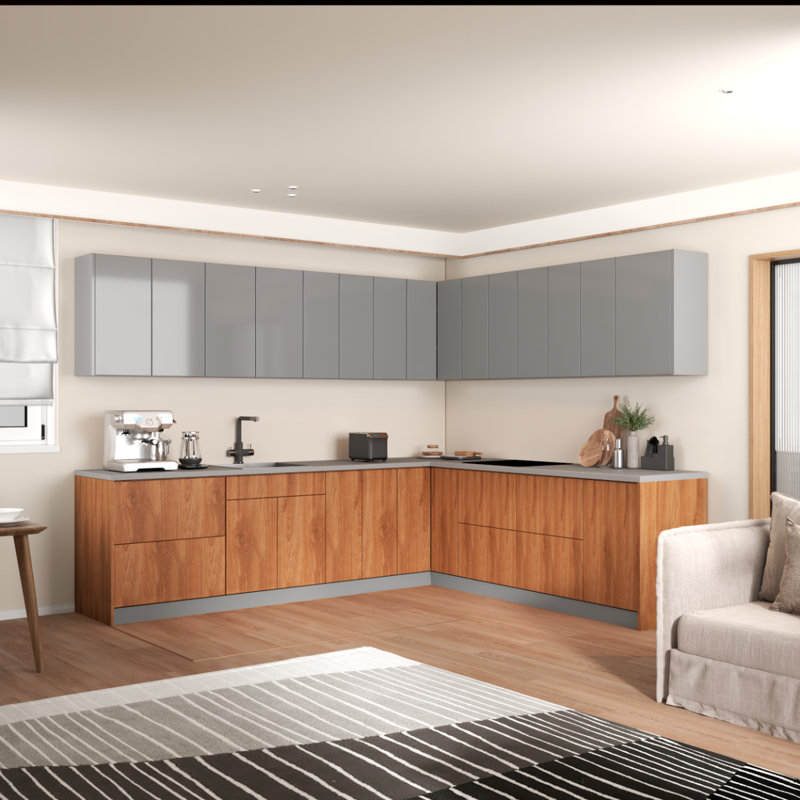 Small kitchen makeover highlighting space-saving European kitchen cabinets and pull-out organizers.