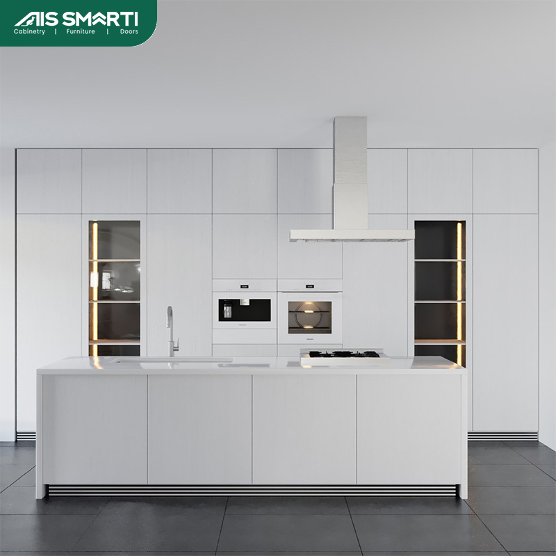 Classic farmhouse kitchen designed with white kitchen cabinets, subway tile backsplash, and open shelving for a warm, inviting style.