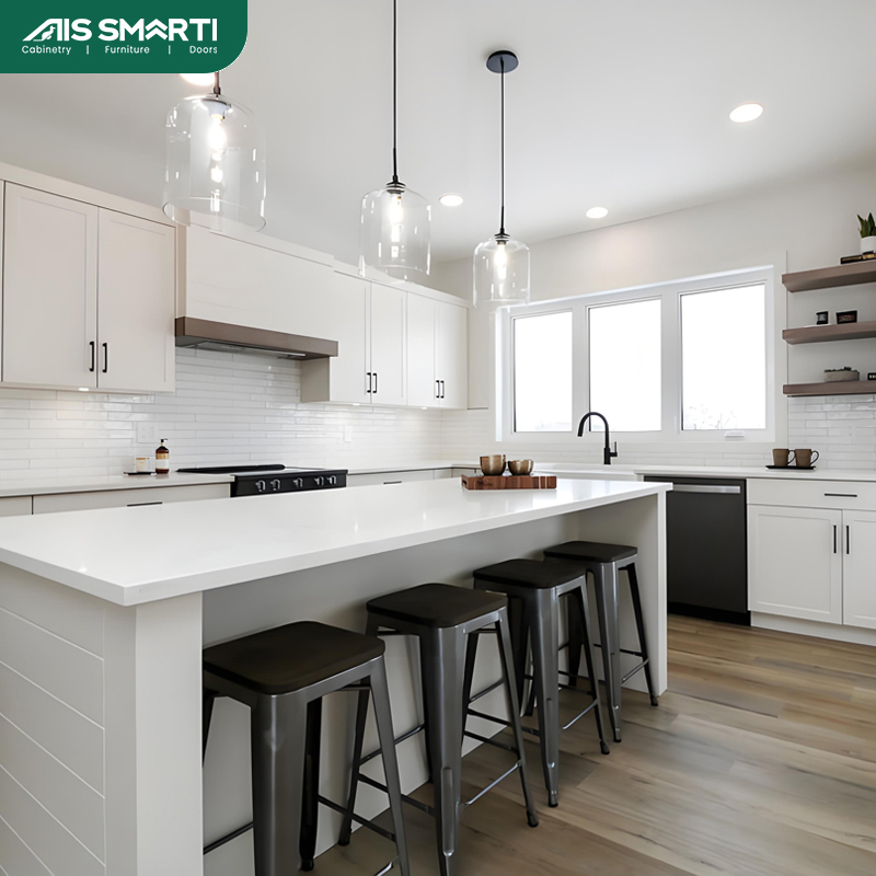Compact apartment layout using space-saving white kitchen cabinets combined with floating shelves and quartz countertops to maximize functionality.