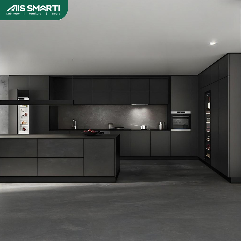 Stylish open-plan kitchen showcasing custom black kitchen cabinets.