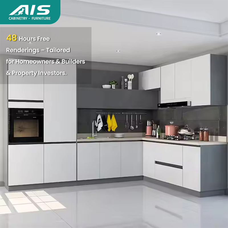 Modern white shaker kitchen cabinets with soft-close drawers.