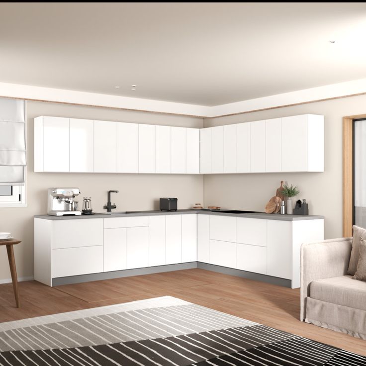 Contemporary galley kitchen with grey European kitchen cabinets and glass backsplash.