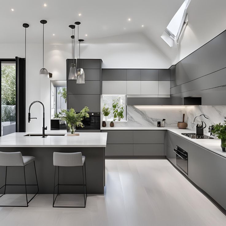 Luxury villa kitchen design with custom grey kitchen cabinets combined with a central island and stone countertops.