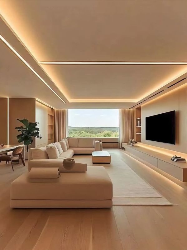 Minimalist Modern Living Room featuring low media unit and wall-mounted TV