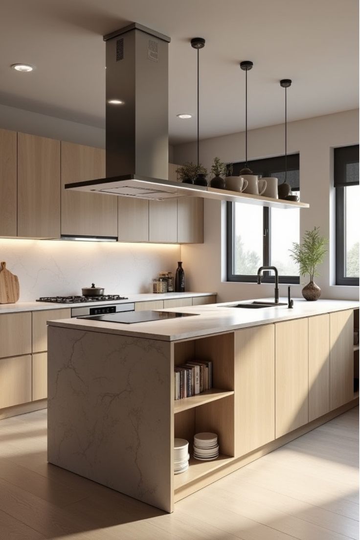 Stylish wood combination kitchen featuring island cabinets and pendant lighting, perfect for modern kitchen design ideas.