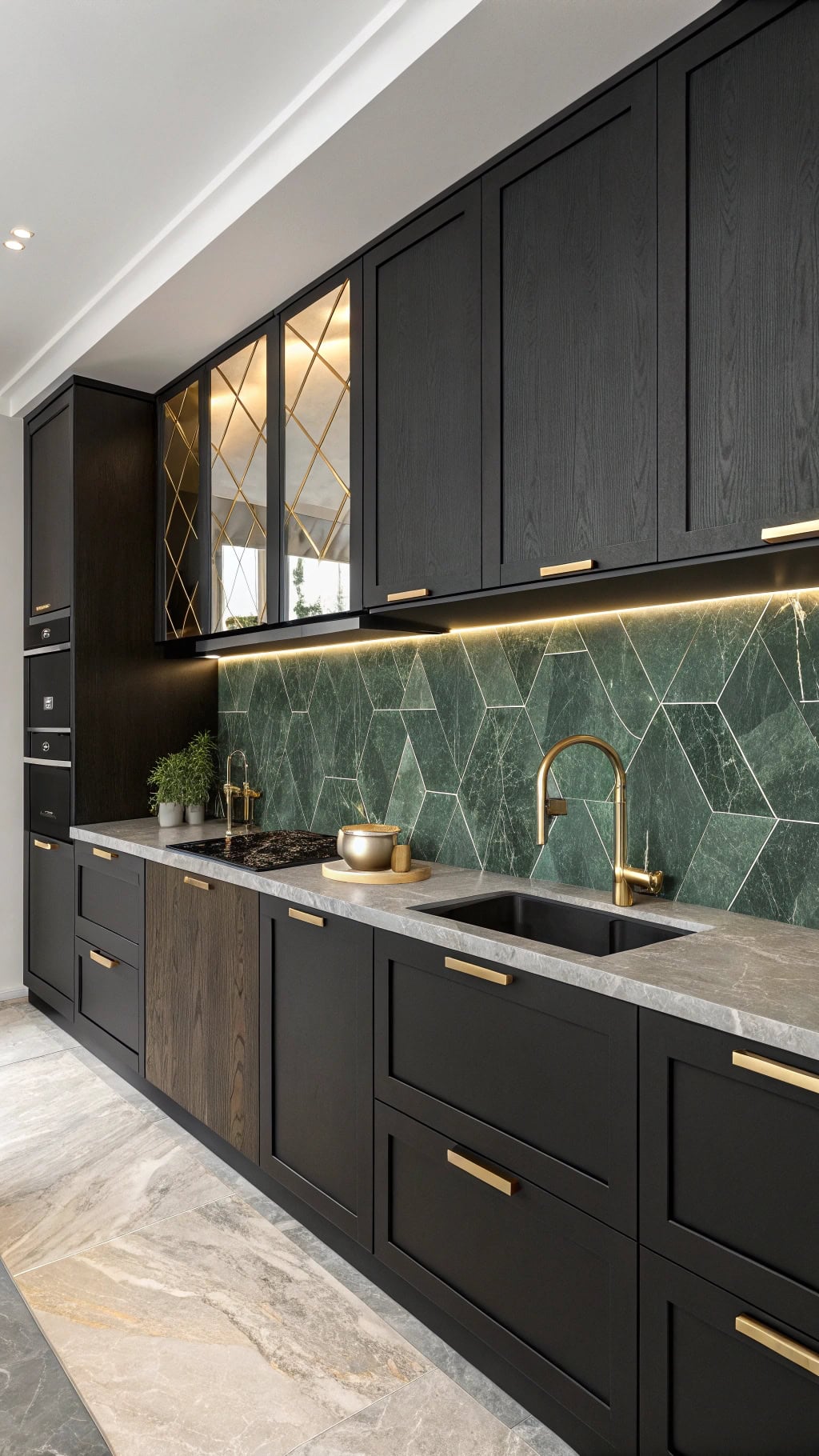 black cabinetry with deep green tile