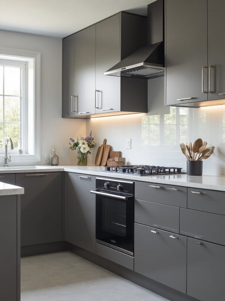 Minimalist interior with handleless grey kitchen cabinets, natural wood flooring, and integrated LED lighting.