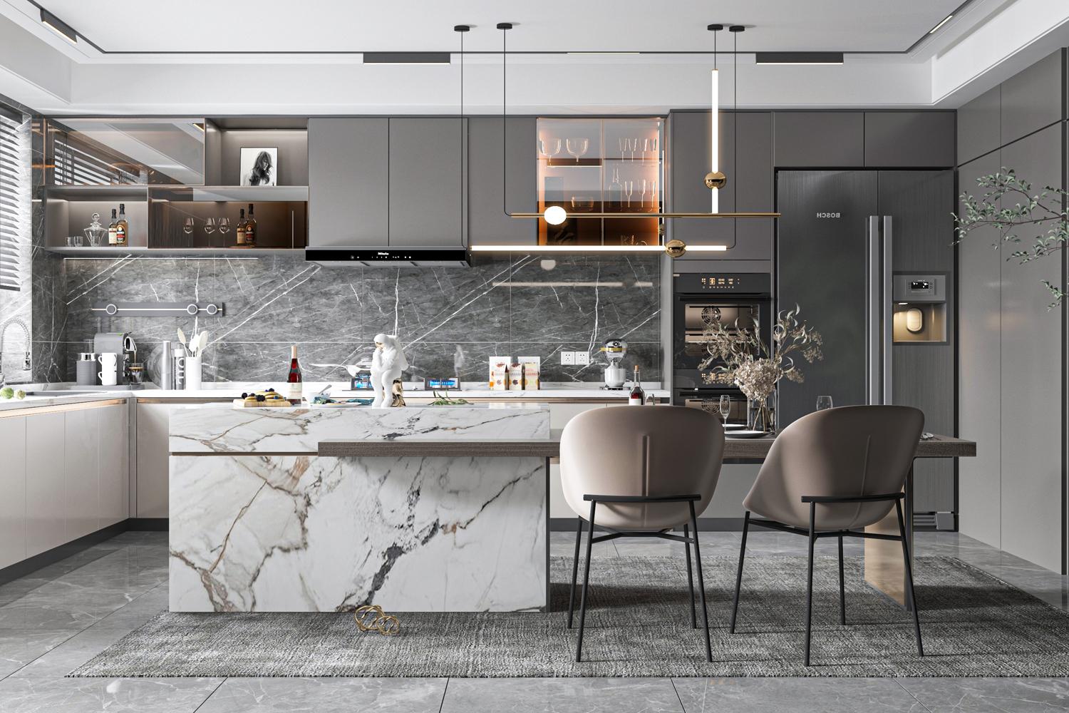 Modern Kitchen Cabinet Light Grey Lacquer Fresh Natural Style