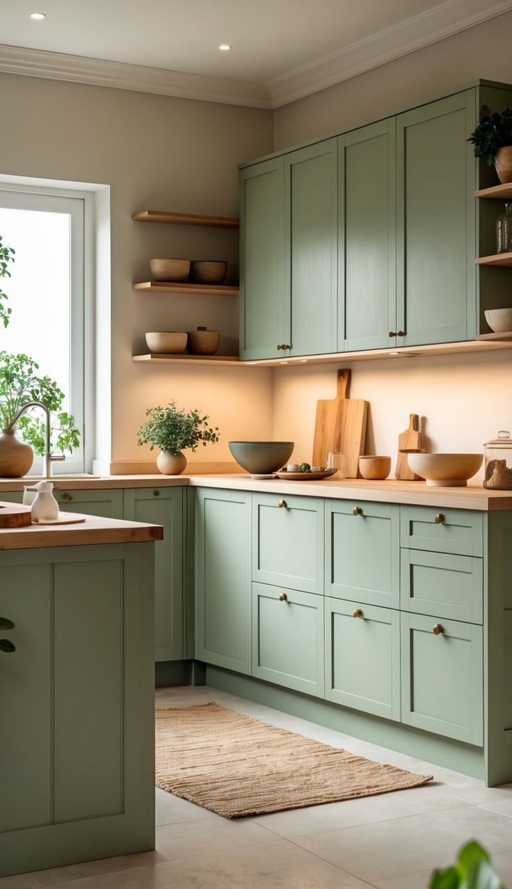 Green kitchen cabinets design with butcher-block island and aged brass hardware