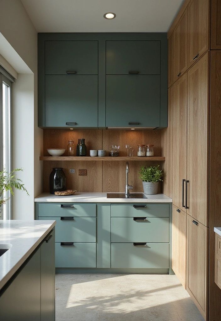 Green kitchen cabinets design with white subway tile and polished nickel faucet
