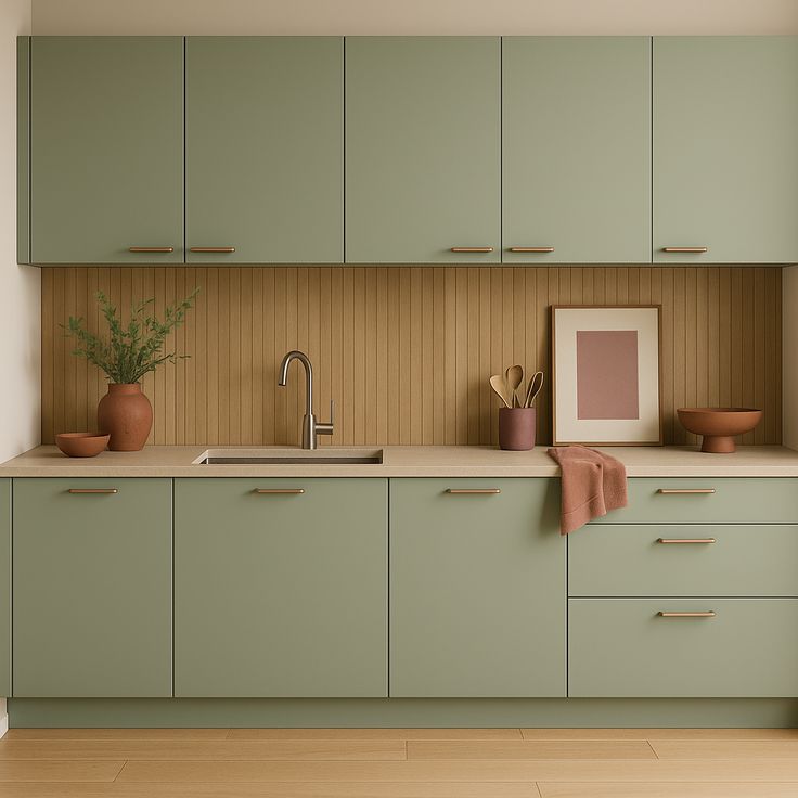 Green kitchen cabinets design with limestone backsplash and woven rattan stools