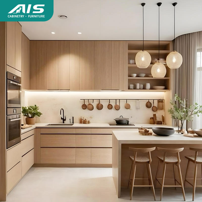 Modern laminate kitchen cabinet doors with woodgrain texture