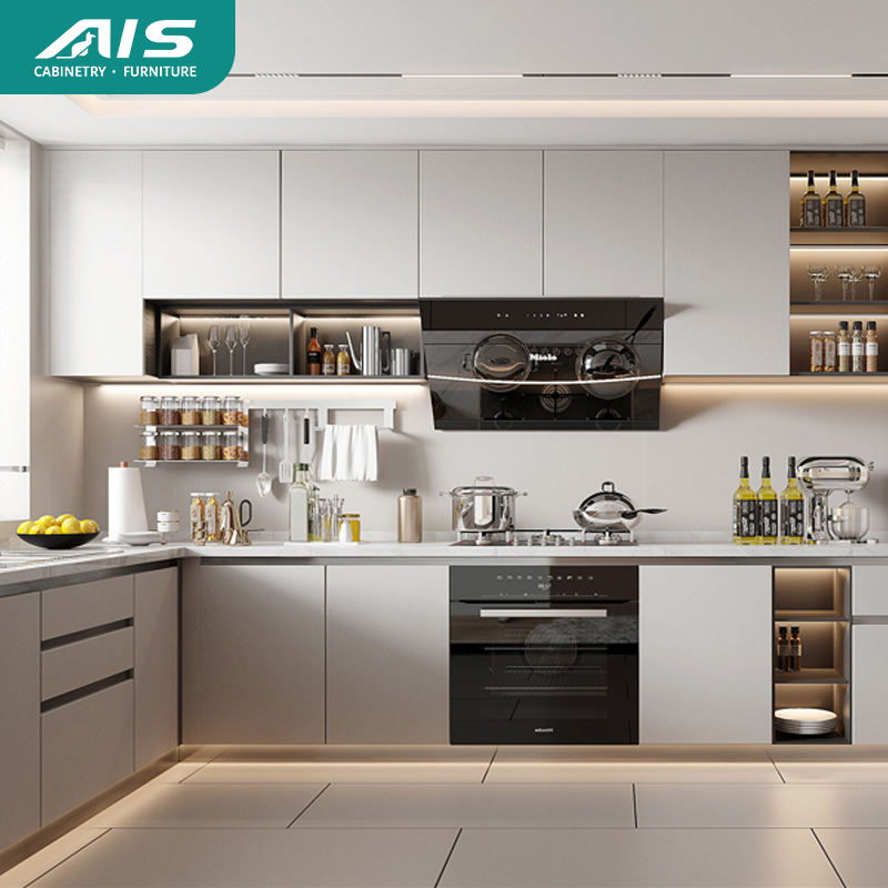 Laminate kitchen cabinets in matte finish with HPL doors