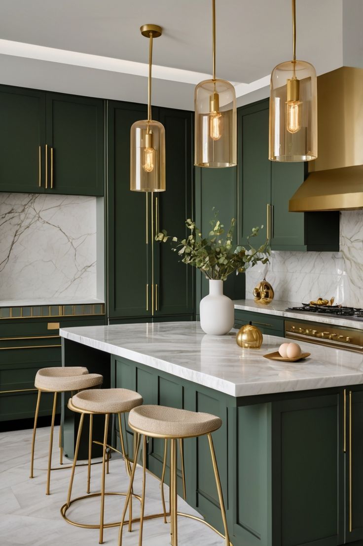Green kitchen cabinets design with Calacatta marble backsplash and gold sconces